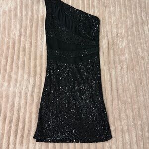 Fashion Nova- One-Shoulder Black Sequin Cocktail Dress